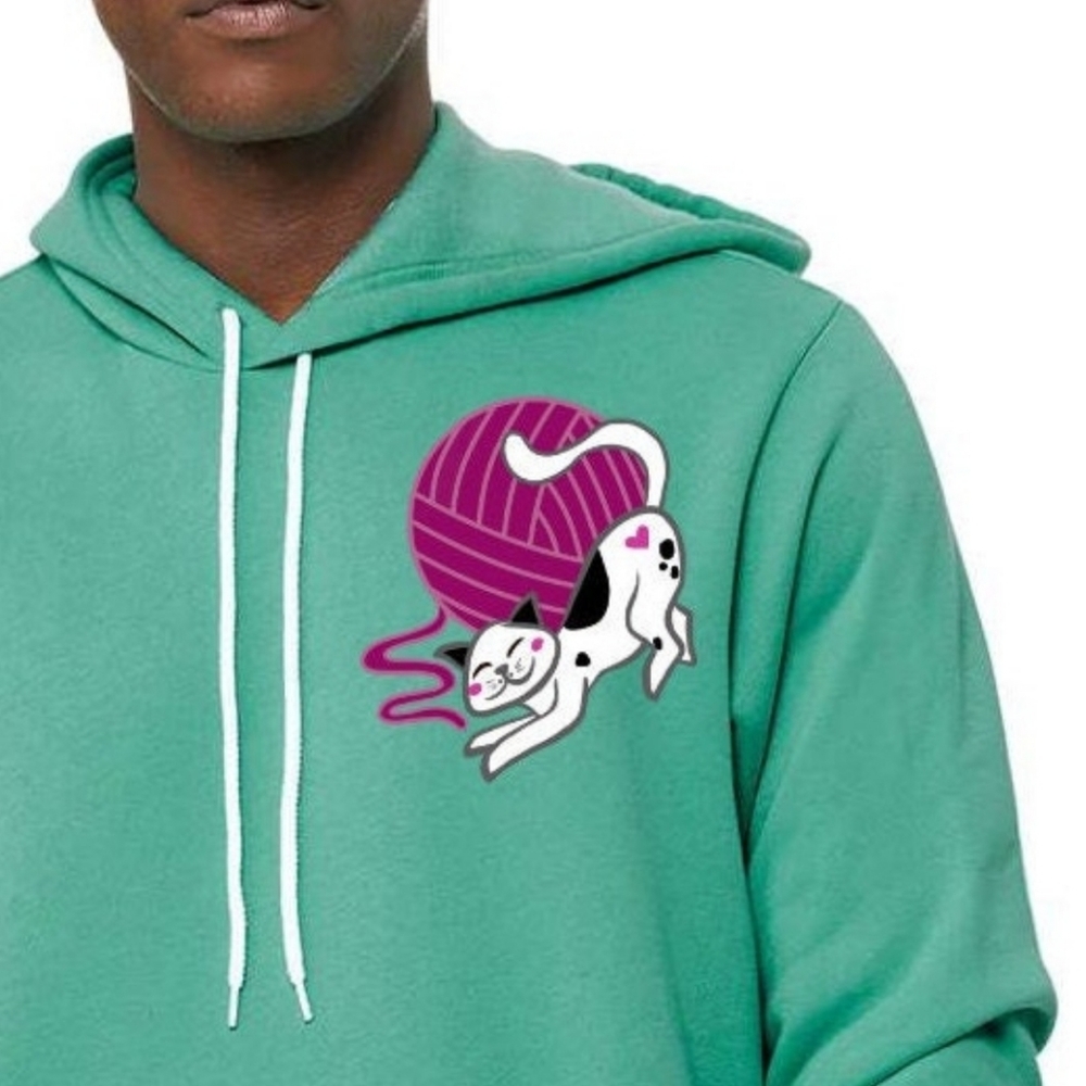 Love Heart Kitten Playing with Yarn Teal Magenta Hoodie Sweatshirt MEDIUM Unisex